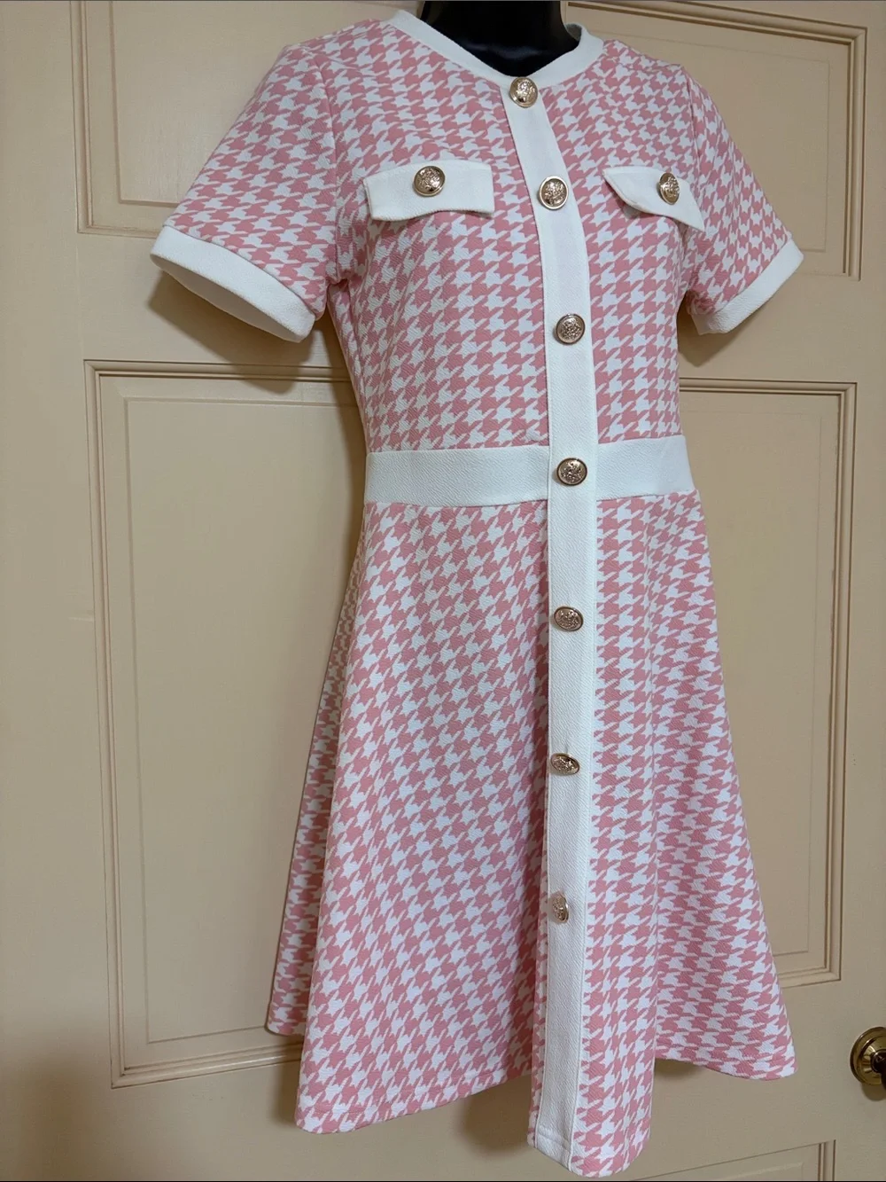 SHEIN Pink and White Houndstooth Button-Front A-Line Dress